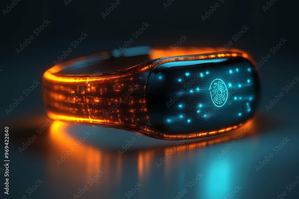 A futuristic wristband with biometric scanning used for controlling or tracking individuals glowing ominously. A futuristic wristband with biometric scanning used for controlling or tracking individuals glowing ominously.