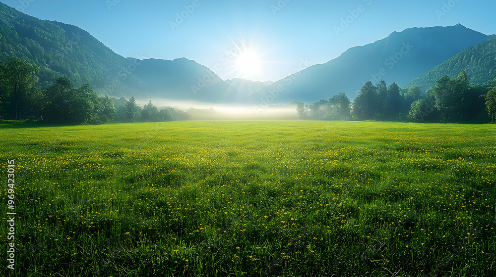 A serene landscape featuring lush green fields and mountains under a bright sunrise. A serene landscape featuring lush green fields and mountains under a bright sunrise.
