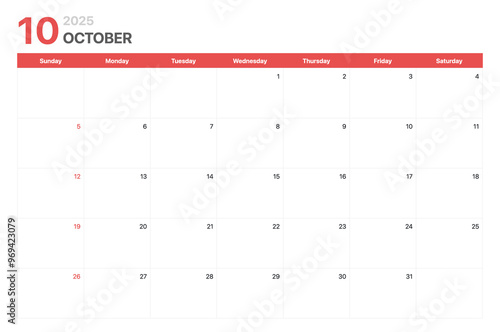 Calendar 2025. Calendar week 2025 starts on Sunday. Corporate minimalist clean calendar for October 2025