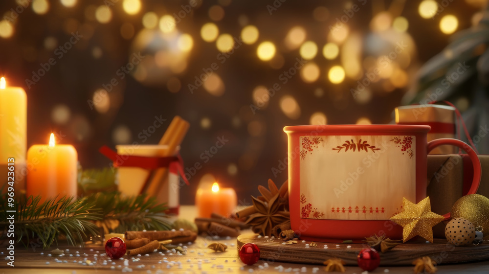 Cozy Christmas Mug with Candles and Holiday Decorations Cozy Christmas Mug with Candles and Holiday Decorations