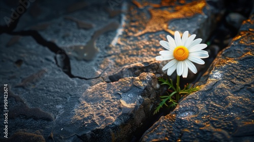 A delicate daisy blooms through cracks in rough rocks, symbolizing hope and resilience in harsh environments. photo