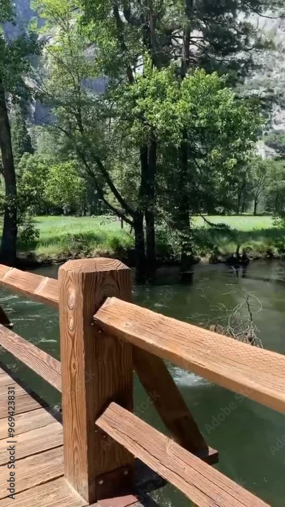 A rustic wooden bridge crosses a calm river, nestled among dense trees in a picturesque forest landscape. A rustic wooden bridge crosses a calm river, nestled among dense trees in a picturesque forest landscape.