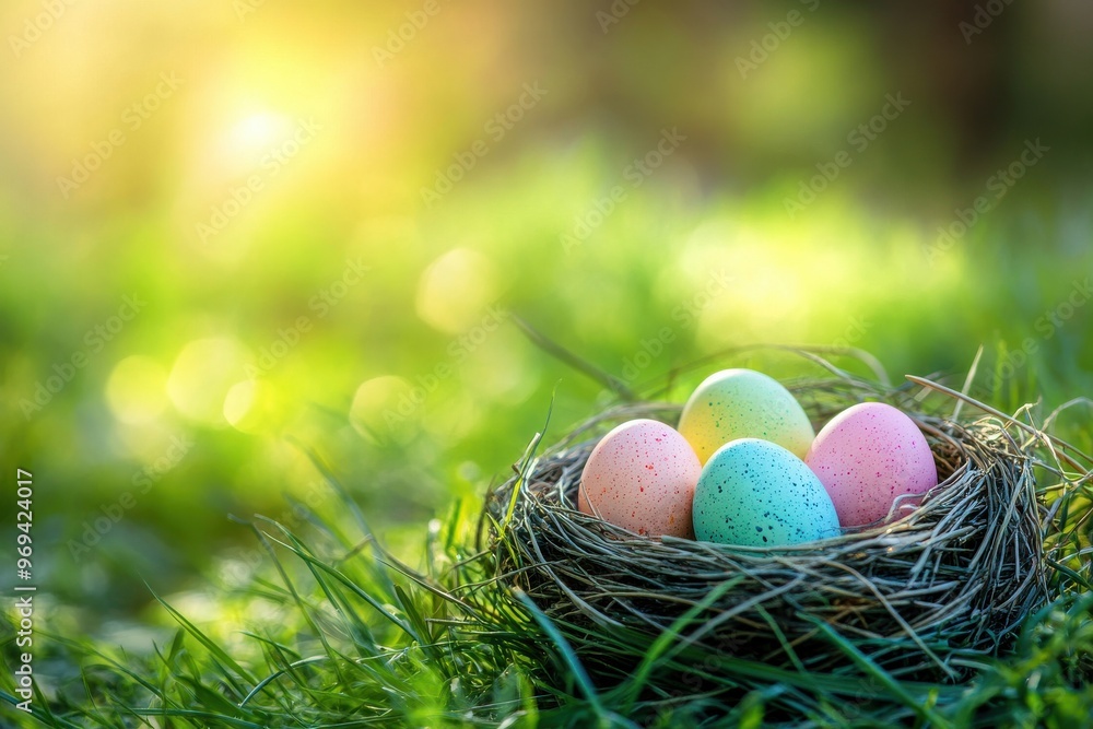 Nest filled with vibrant eggs amid lush grass beneath radiant spring sunlight - festive decor, attractive banner, beautiful landscape, background Nest filled with vibrant eggs amid lush grass beneath radiant spring sunlight - festive decor, attractive banner, beautiful landscape, background