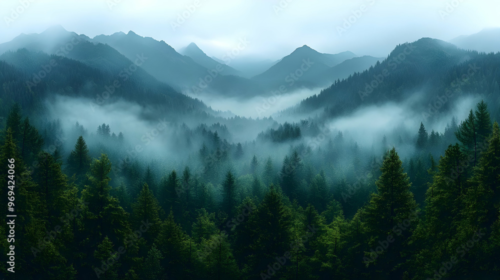 A serene mountain landscape shrouded in mist and lush greenery. A serene mountain landscape shrouded in mist and lush greenery.