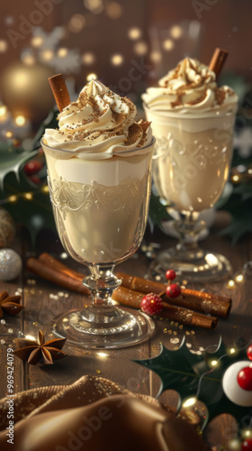 Holiday Eggnog with Whipped Cream and Festive Decor