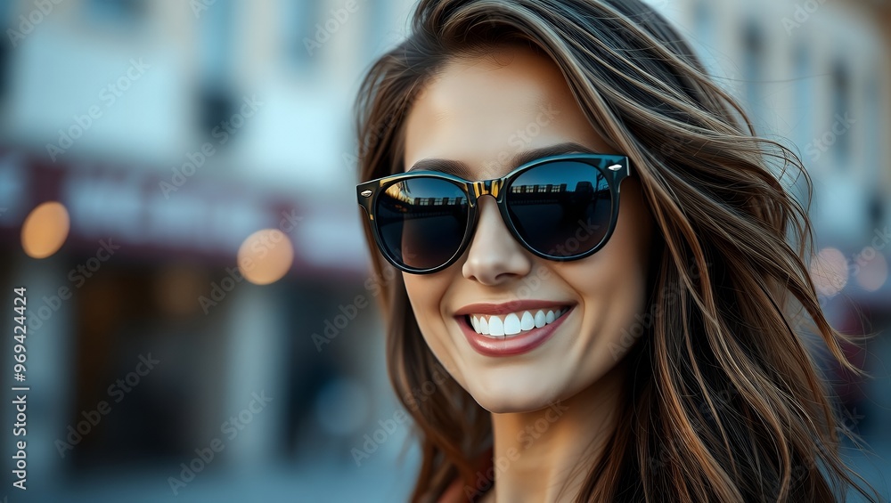 Portrait of a Beautiful Woman in Sunglasses Smiling Portrait of a Beautiful Woman in Sunglasses Smiling