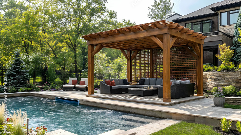 A serene outdoor space featuring a wooden pergola, seating area, and pool in a lush environment. A serene outdoor space featuring a wooden pergola, seating area, and pool in a lush environment.
