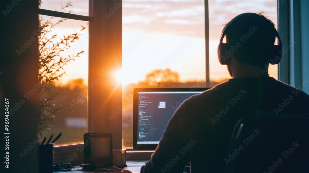 Fototapeta premium Person coding at sunrise with a beautiful morning view.