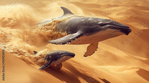 Surreal image of two whales seemingly swimming through golden desert sand dunes, blending nature and fantasy in a striking visual.