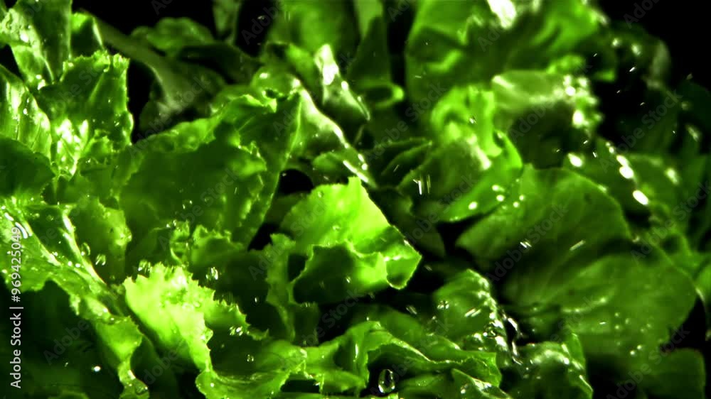 Fresh lettuce with a splash of water. Filmed on a high-speed camera at 1000 fps. High quality FullHD footage Fresh lettuce with a splash of water. Filmed on a high-speed camera at 1000 fps. High quality FullHD footage