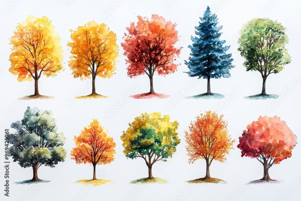 Watercolor Illustration of Diverse Trees Watercolor Illustration of Diverse Trees