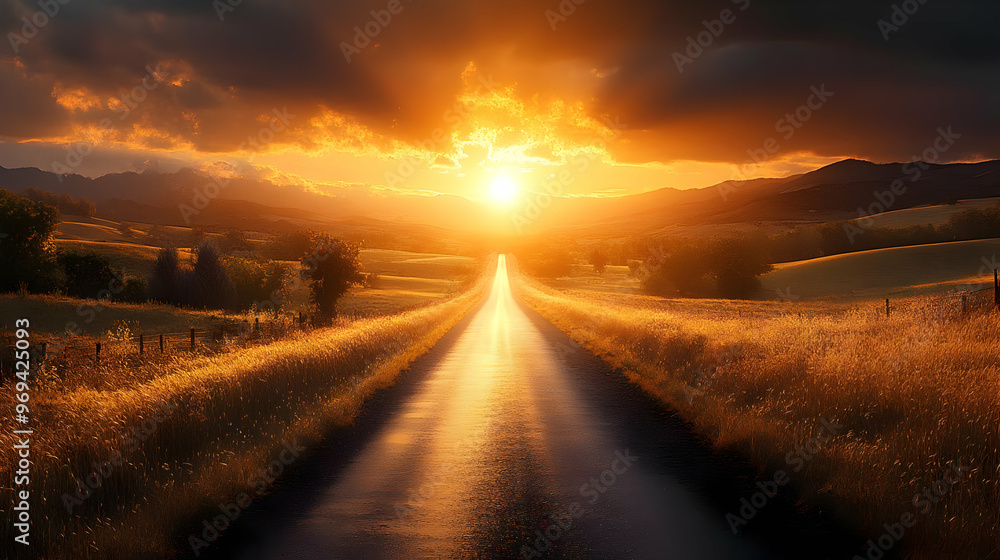 A serene road leading into a sunset, surrounded by fields and mountains. A serene road leading into a sunset, surrounded by fields and mountains.