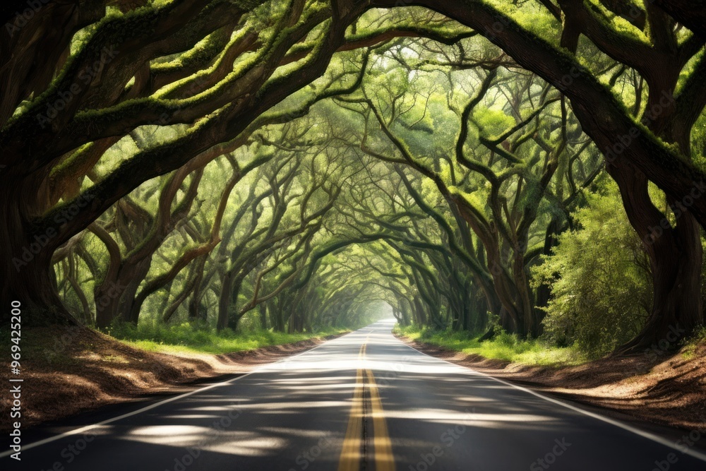 Road through tree tunnel landscape outdoors woodland. Road through tree tunnel landscape outdoors woodland.