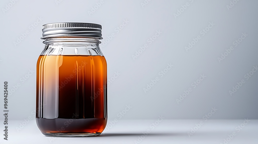 A glass bottle with brown liquid and a metal cap sits sleekly on white. A glass bottle with brown liquid and a metal cap sits sleekly on white.