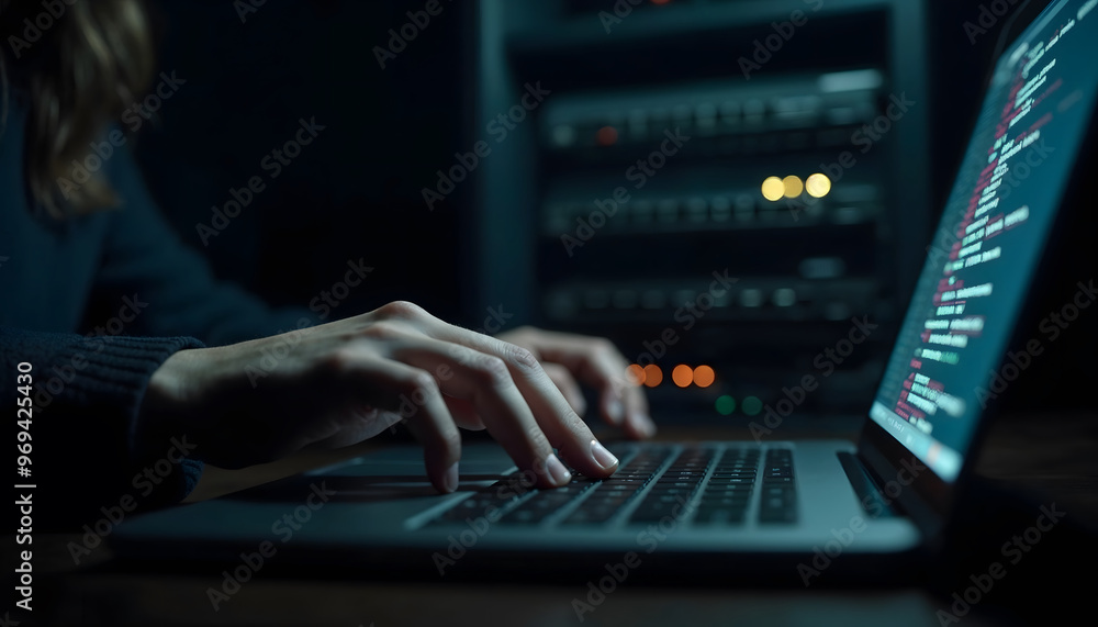 custom made wallpaper toronto digitalA close-up of a programmer's hands typing on a laptop, surrounded by server racks. The dim lighting creates a focused atmosphere for late-night coding sessions.
