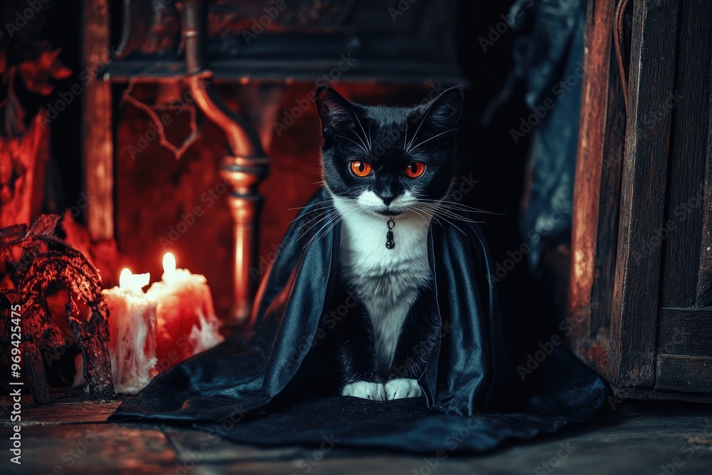 Black Cat in a Dark Cloak with Orange Eyes Black Cat in a Dark Cloak with Orange Eyes