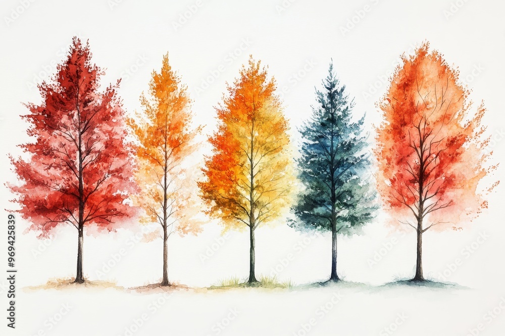 Watercolor Painting of Five Trees in Different Seasons