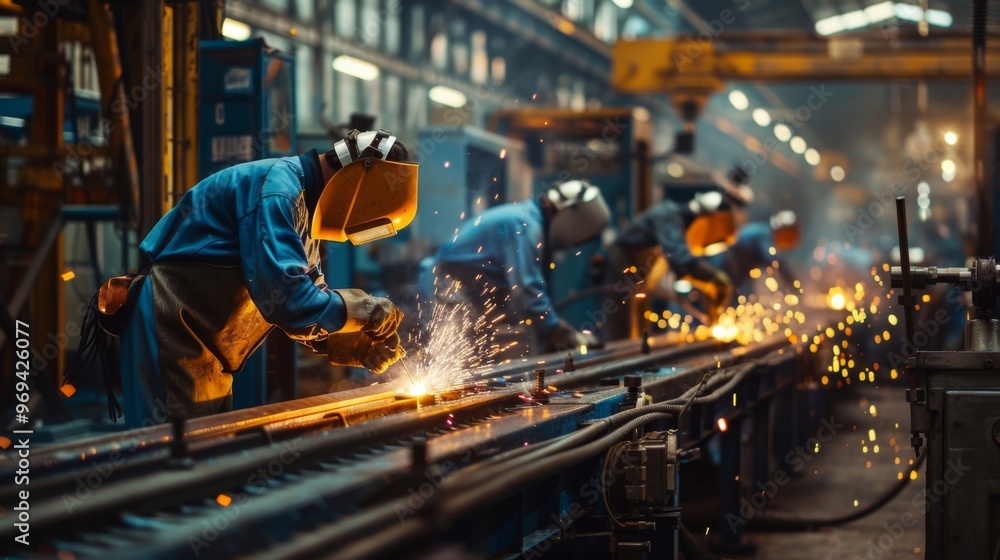 Workers welding metal in a large industrial factory with sparks flying and a busy atmosphere all around them. Safety is a must. Workers welding metal in a large industrial factory with sparks flying and a busy atmosphere all around them. Safety is a must.