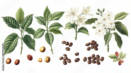 A detailed botanical illustration of a coffee plant, showcasing its leaves, flowers, and coffee beans in various stages of ripeness.