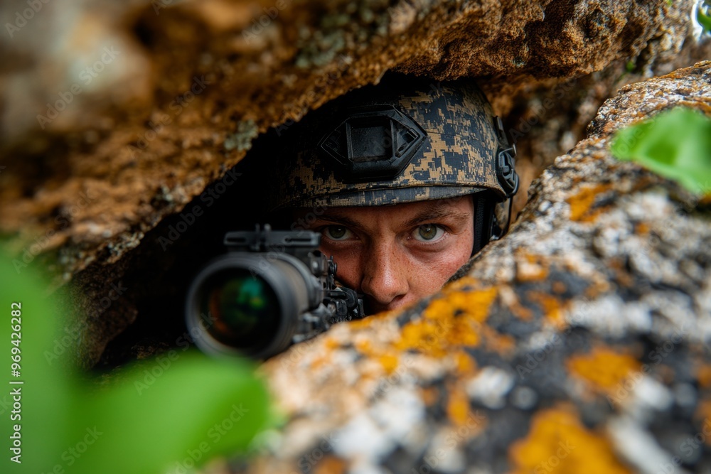 Fototapeta premium A sniper hiding in the cracks of a cliff, their gear camouflaged to match the stone, using minimal movement to stay hidden