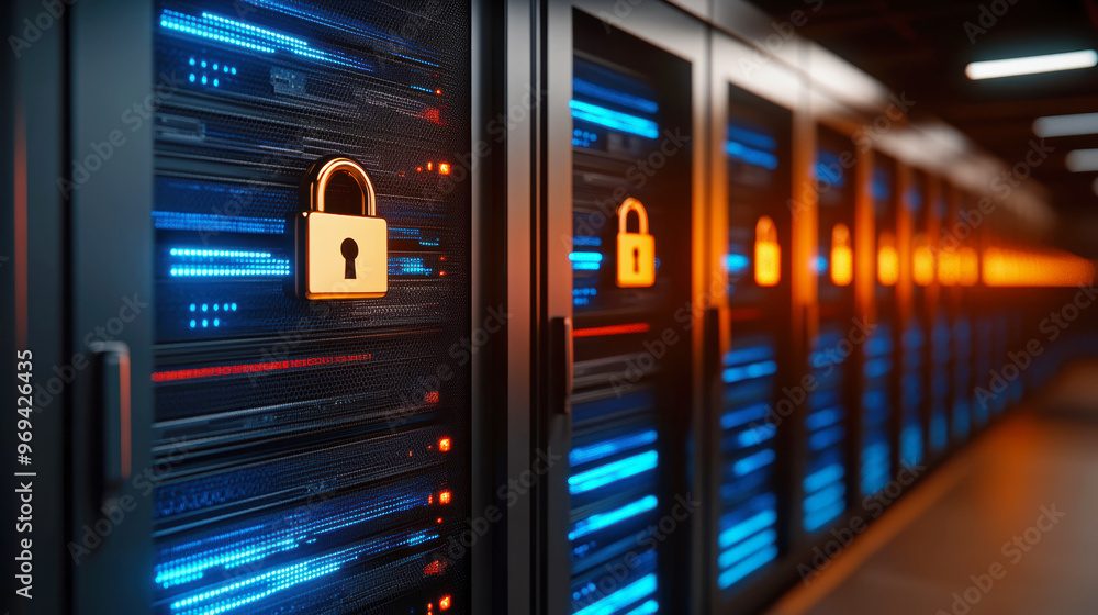 Secure data center with rows of server racks, illuminated by blue LED lights, and digital padlocks displayed on screens Secure data center with rows of server racks, illuminated by blue LED lights, and digital padlocks displayed on screens