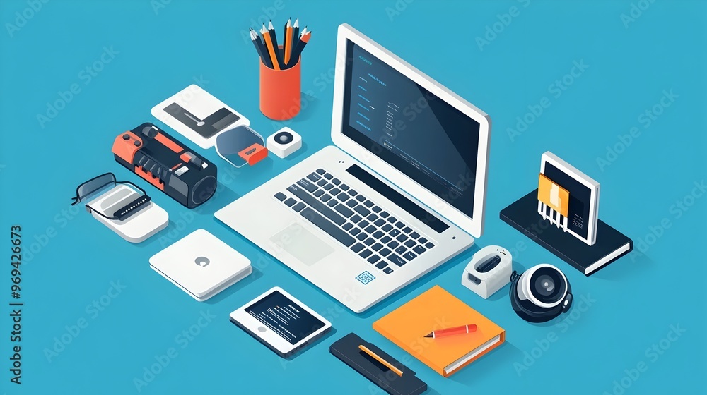 Organized Workspace with Laptop,Gadgets and Office Supplies on Desk Organized Workspace with Laptop,Gadgets and Office Supplies on Desk