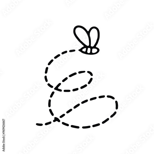 hand drawing of a flying bee with a whimsical dashed trail.