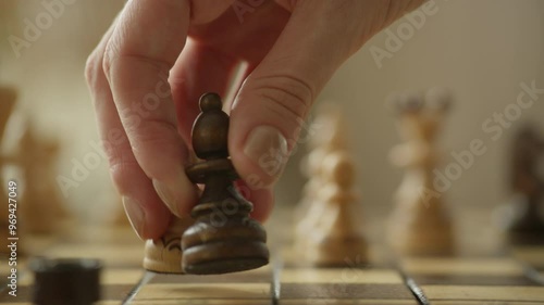 Hand moving a chess piece during a game on a wooden chessboard