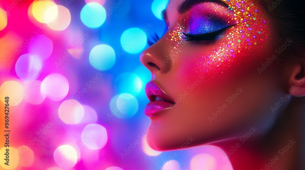 High Fashion model woman in colorful bright lights posing portrait of beautiful sexy girl with trendy make-up. Art design colorful make up. Over colourful vivid background. Night club dancer. High Fashion model woman in colorful bright lights posing portrait of beautiful sexy girl with trendy make-up. Art design colorful make up. Over colourful vivid background. Night club dancer.