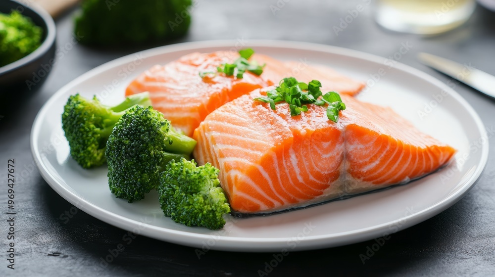 Steamed salmon and broccoli on a white plate Steamed salmon and broccoli on a white plate