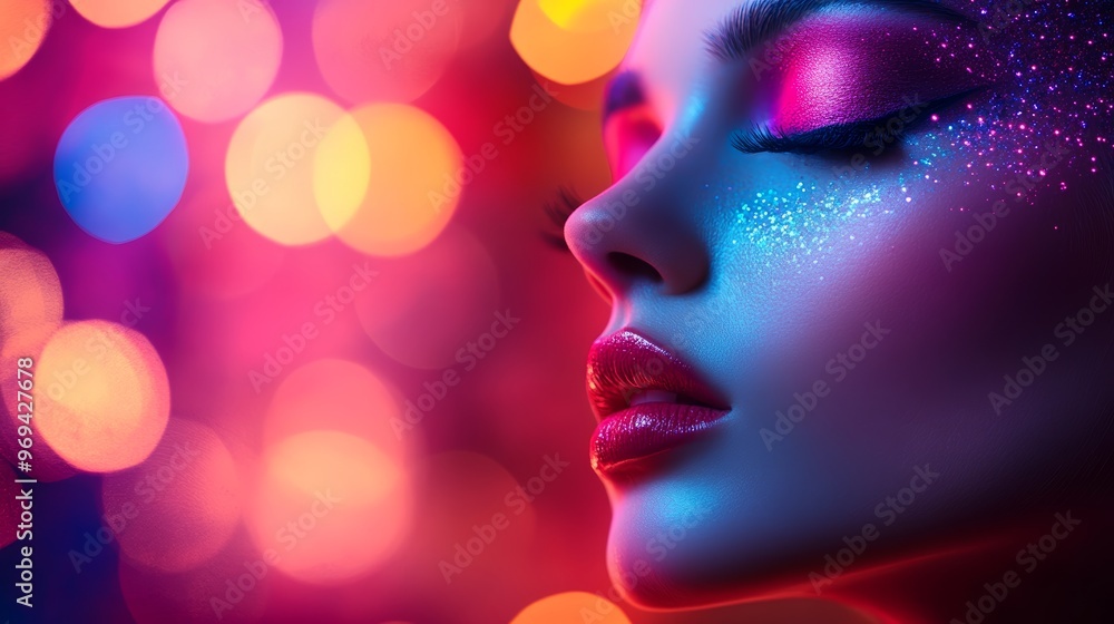 High Fashion model woman in colorful bright lights posing portrait of beautiful sexy girl with trendy make-up. Art design colorful make up. Over colourful vivid background. Night club dancer. High Fashion model woman in colorful bright lights posing portrait of beautiful sexy girl with trendy make-up. Art design colorful make up. Over colourful vivid background. Night club dancer.