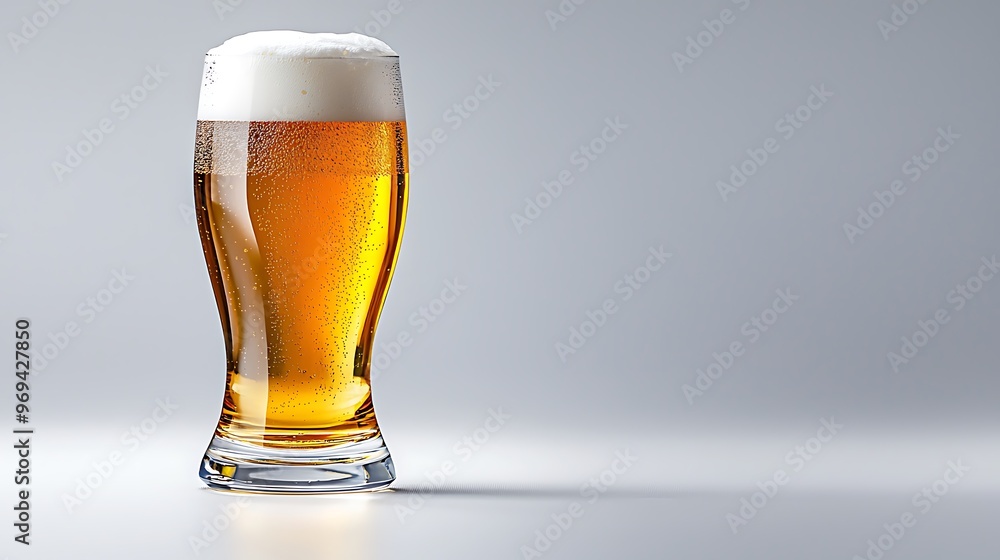 A glass of cold beer stands refreshingly clear against a white background. A glass of cold beer stands refreshingly clear against a white background.