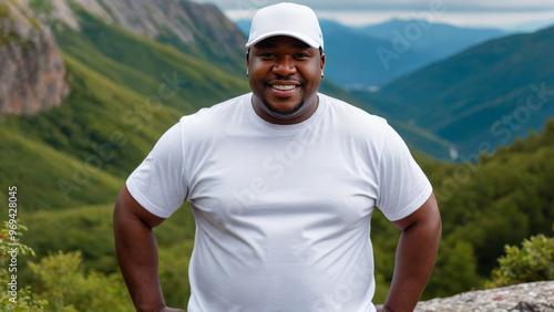 Plus size black man wearing white t-shirt and white baseball cap standing on a mountain