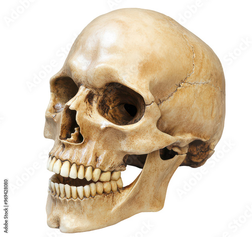 Human skull side view, angled perspective, transparent background