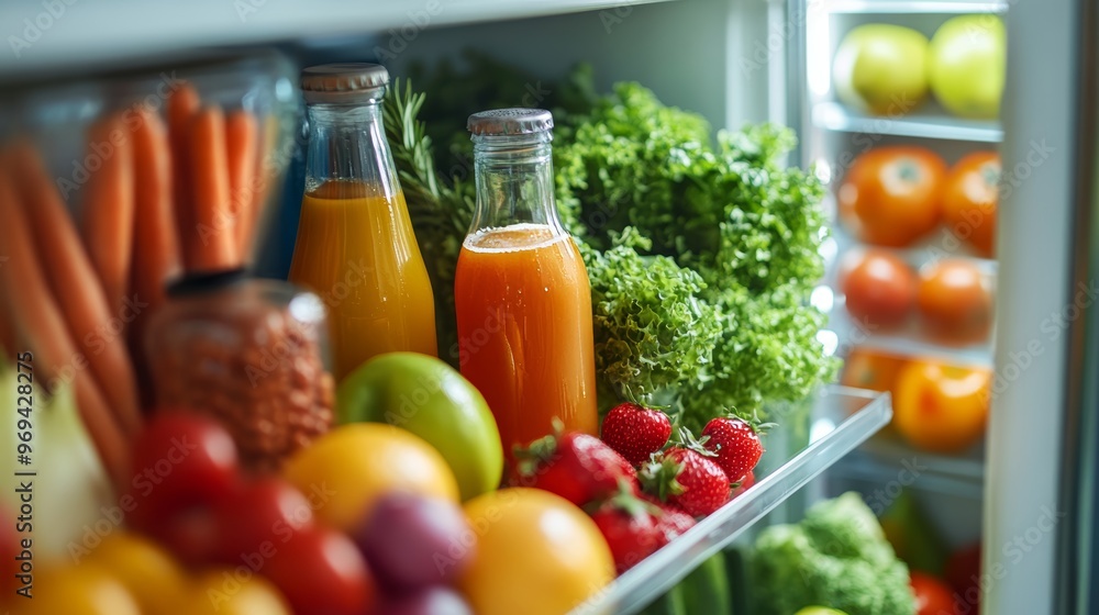 Open Refrigerator Full Of Juice And Fresh Vegetables In Kitchen Open Refrigerator Full Of Juice And Fresh Vegetables In Kitchen