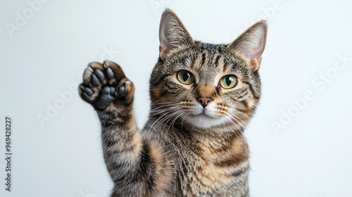 Playful tabby cat raising paw on white background