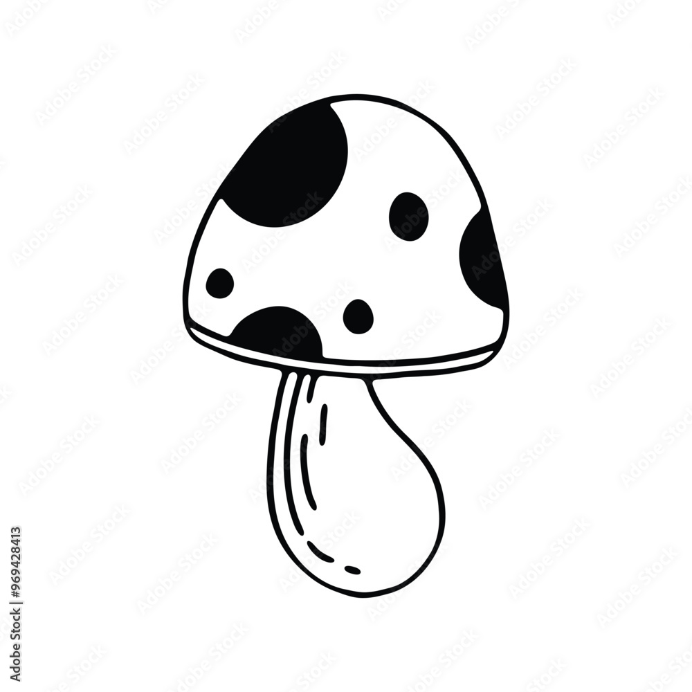 A simple black and white illustration of a mushroom with large spots on the cap A simple black and white illustration of a mushroom with large spots on the cap