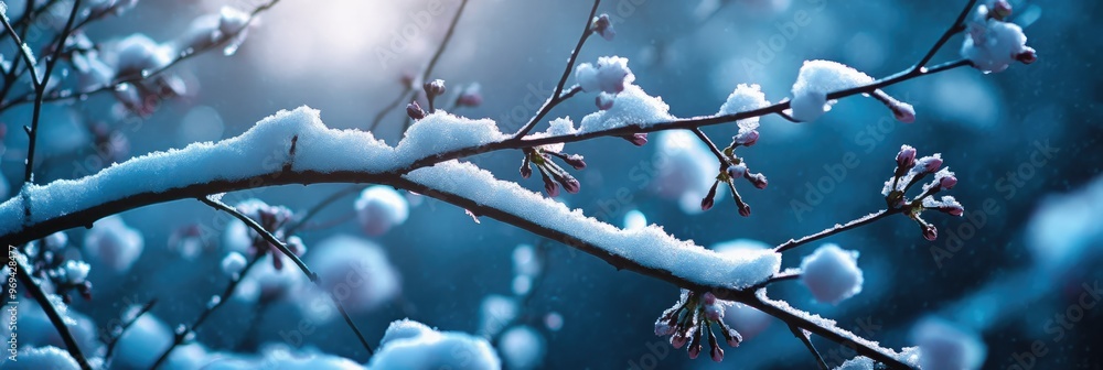 Snow Covered Cherry Tree Branches Under Moonlight Snow Covered Cherry Tree Branches Under Moonlight