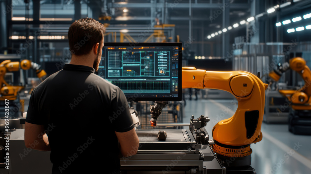 Advanced manufacturing facility with automated machinery and robots working together seamlessly, monitored through interactive digital interfaces Advanced manufacturing facility with automated machinery and robots working together seamlessly, monitored through interactive digital interfaces