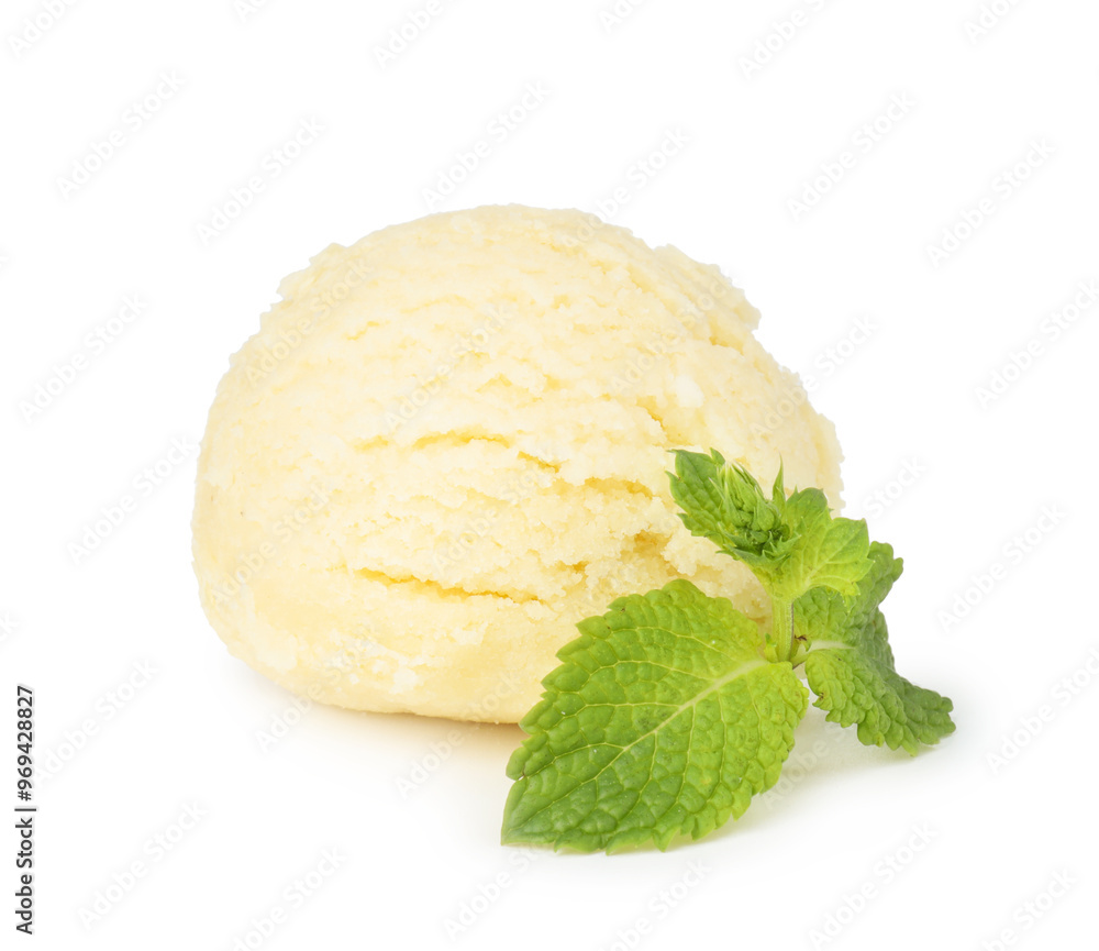 Scoop of melon sorbet and mint isolated on white Scoop of melon sorbet and mint isolated on white