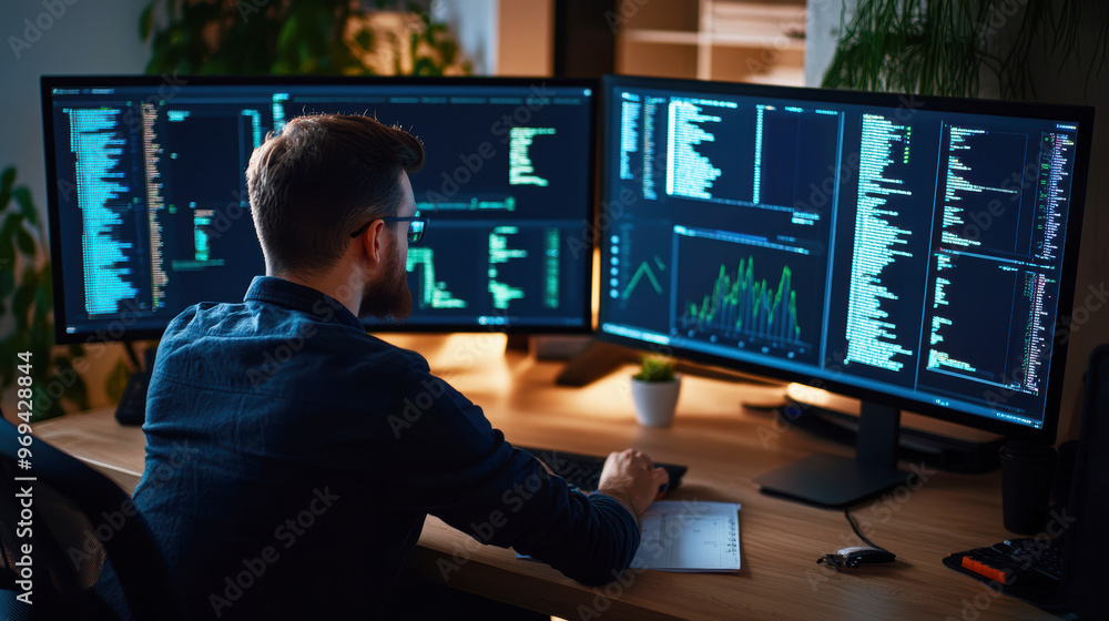 Modern workspace with professionals analyzing cybersecurity threat data on multiple screens, with graphs and alerts Modern workspace with professionals analyzing cybersecurity threat data on multiple screens, with graphs and alerts