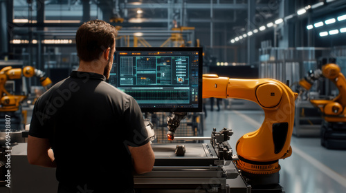 Advanced manufacturing facility with automated machinery and robots working together seamlessly, monitored through interactive digital interfaces photo