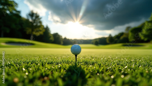 A low angle, close up view of a golf ball teed up on the tee box of a beautiful golf course at sunrise, the inviting fairway, which is lined with trees, stretches ahead.