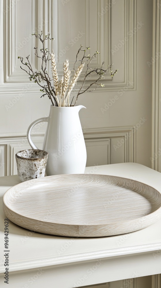 A beautiful bamboo plate rests on a minimalistic table complemented by a decorative jug and vases filled with wheat ears, enhancing the warm, inviting atmosphere A beautiful bamboo plate rests on a minimalistic table complemented by a decorative jug and vases filled with wheat ears, enhancing the warm, inviting atmosphere