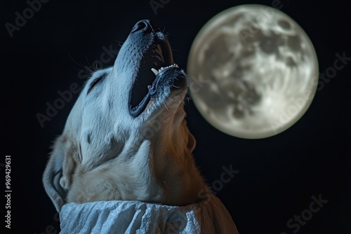 A Dog Howling at the Full Moon in the Night Sky photo