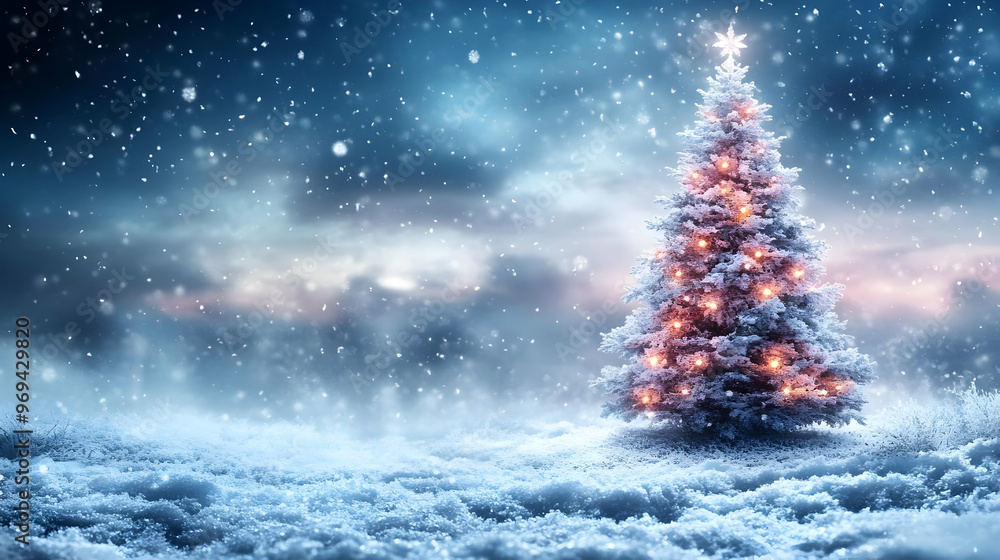 A serene winter scene featuring a decorated Christmas tree amidst falling snow. A serene winter scene featuring a decorated Christmas tree amidst falling snow.