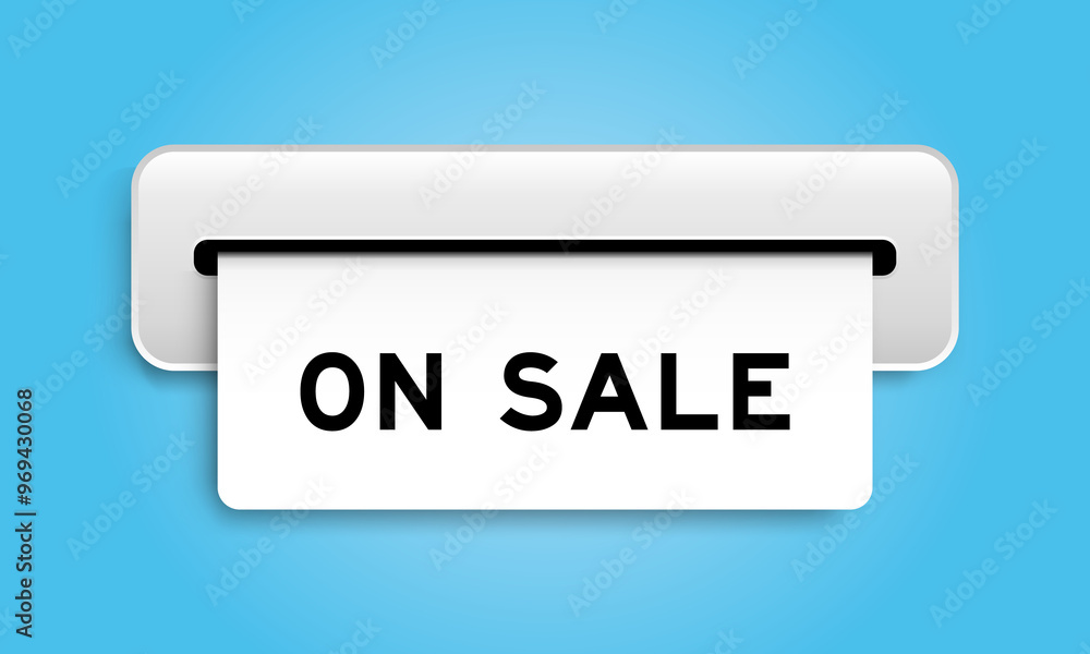 White coupon banner with word on sale from machine on blue color background White coupon banner with word on sale from machine on blue color background