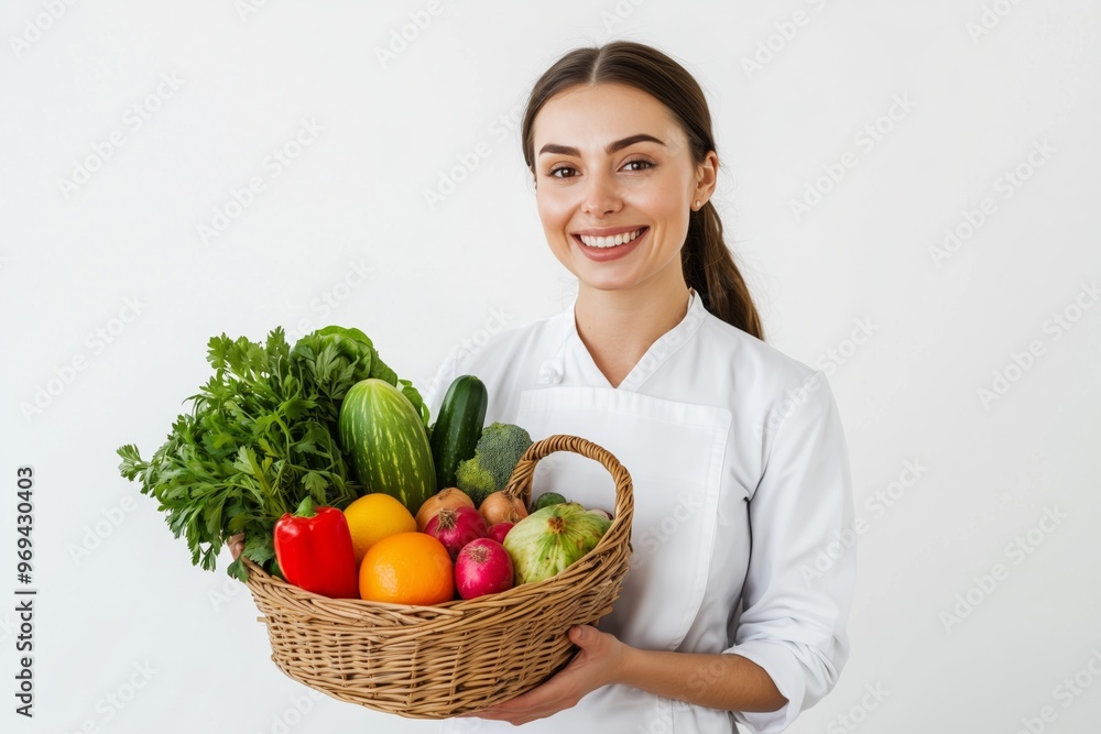 A woman is holding a basket of vegetables and smiling. A woman is holding a basket of vegetables and smiling.