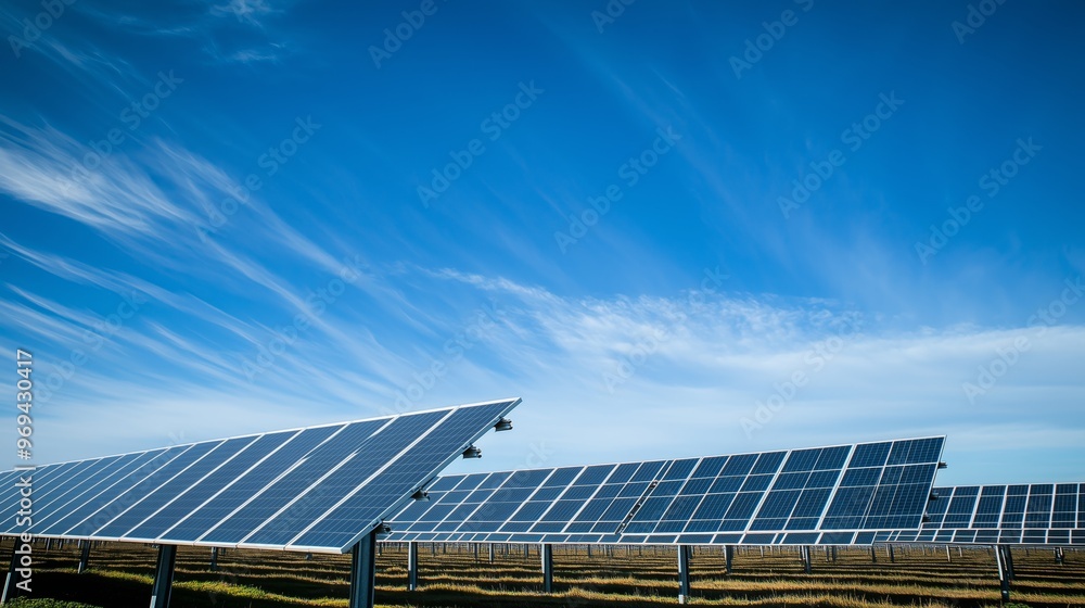 A row of solar panels are lined up in a field, with the sky above them. The panels are angled towards the sun, harnessing its energy to power homes and businesses. A row of solar panels are lined up in a field, with the sky above them. The panels are angled towards the sun, harnessing its energy to power homes and businesses.