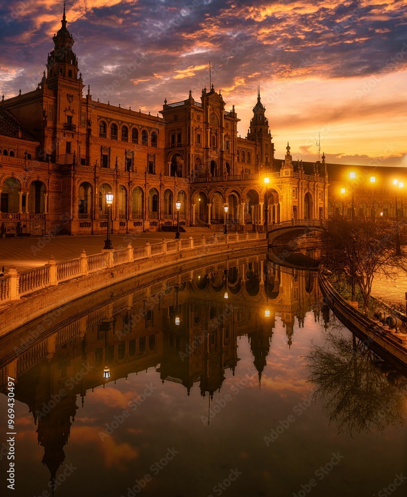 Fototapeta premium Scenic view of Plaza de Espana in Seville, Spain at sunset with reflections in the canal